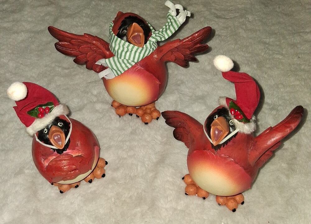 Vintage Set of 3 Christmas Cardinal Figurines with Santa Hats